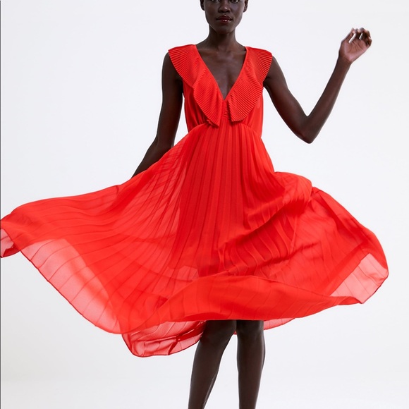 zara coral pleated dress